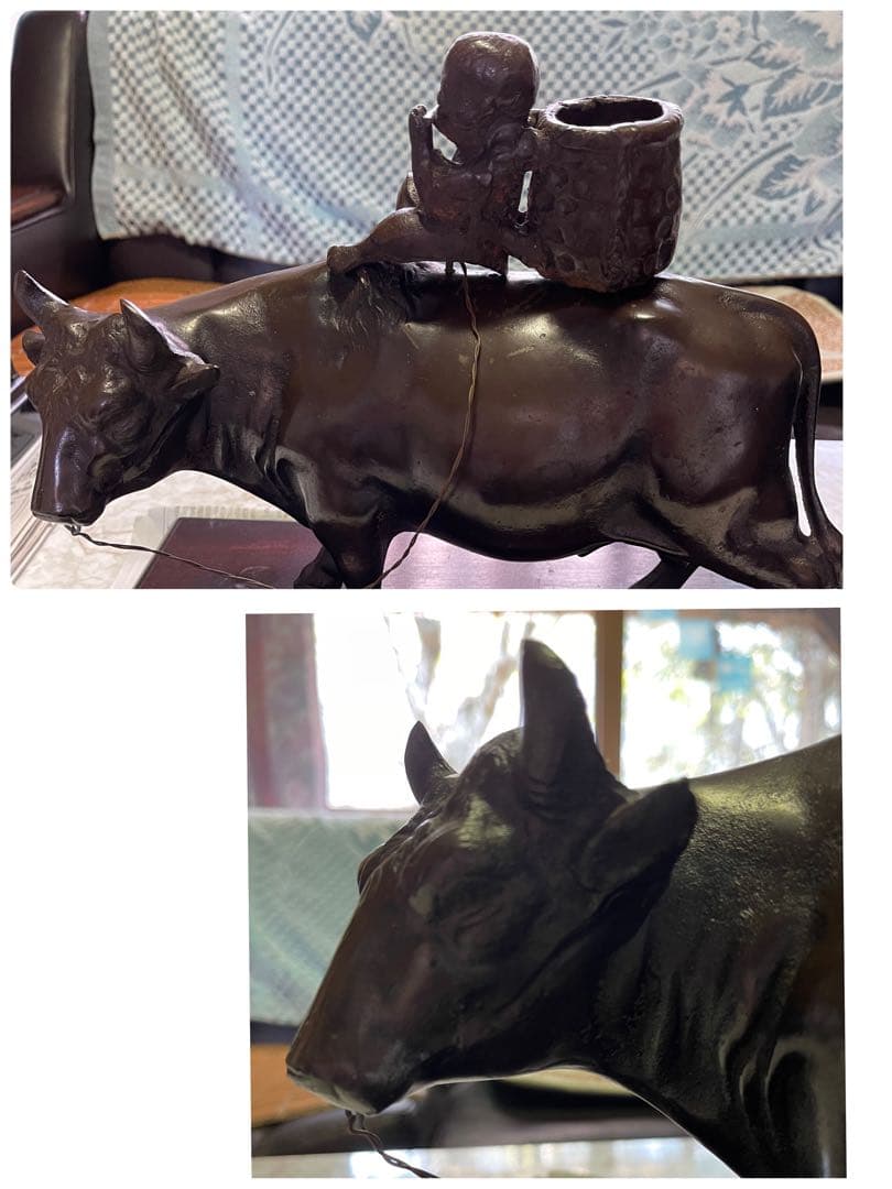 アンティーク品/立牛童子高岡銅器 台座付き送料無料（擦れや籠サビあり）⭐️大特価中