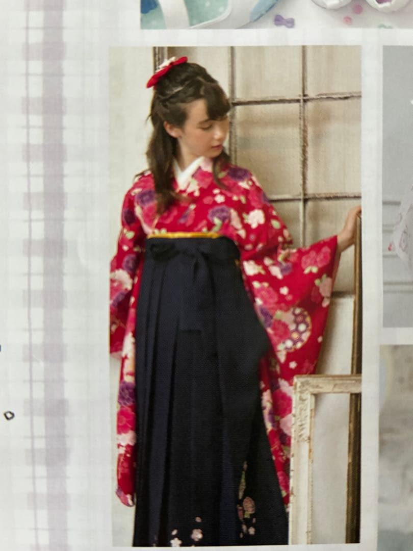 arisana 赤色花柄着物 150cm 襟芯&コーリンベルト付