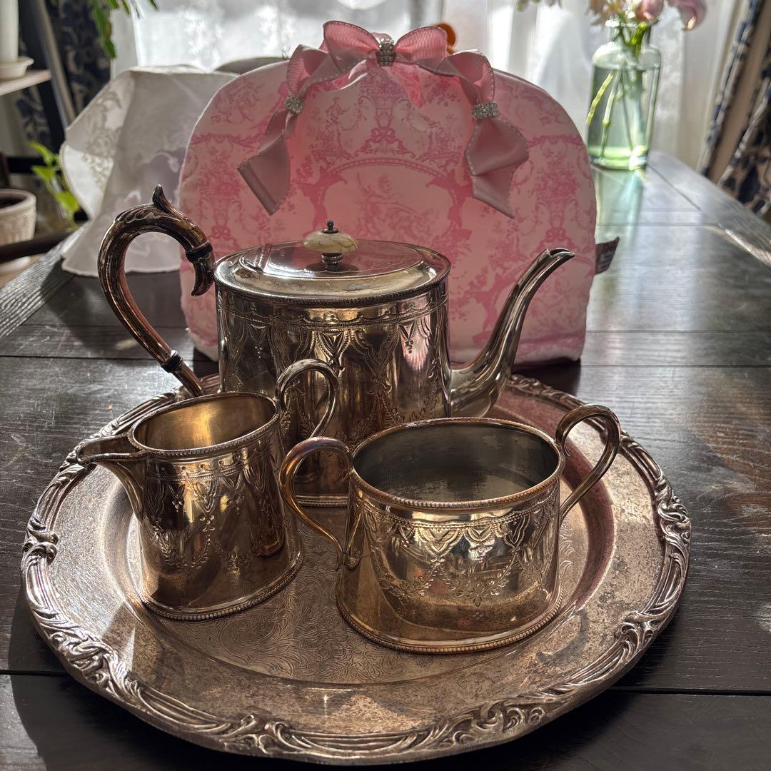 イギリス製　アンティーク　シルバーポットティーセット　トレイ　おまけ付き