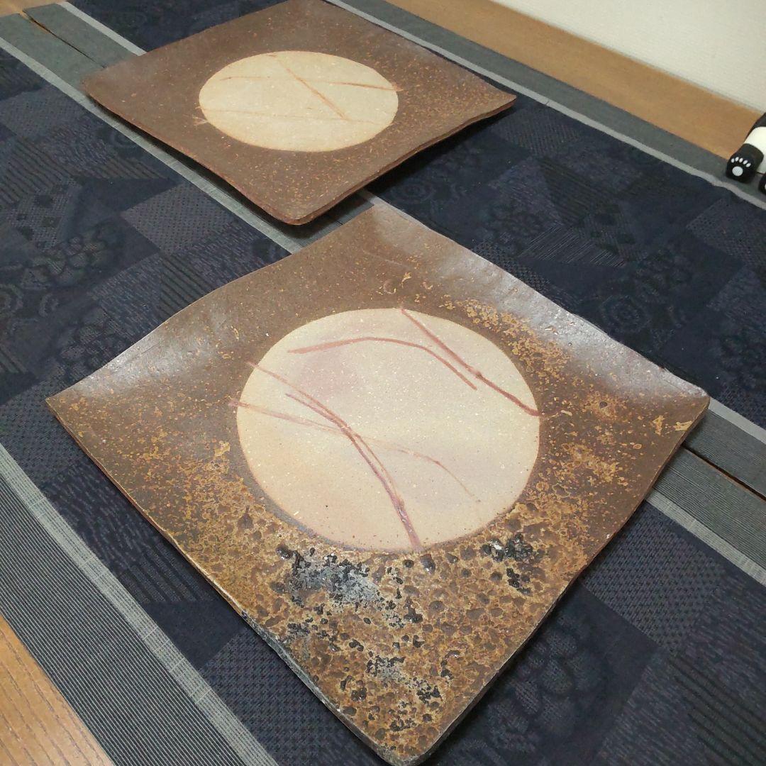 渋い四方皿 2枚 備前焼 C