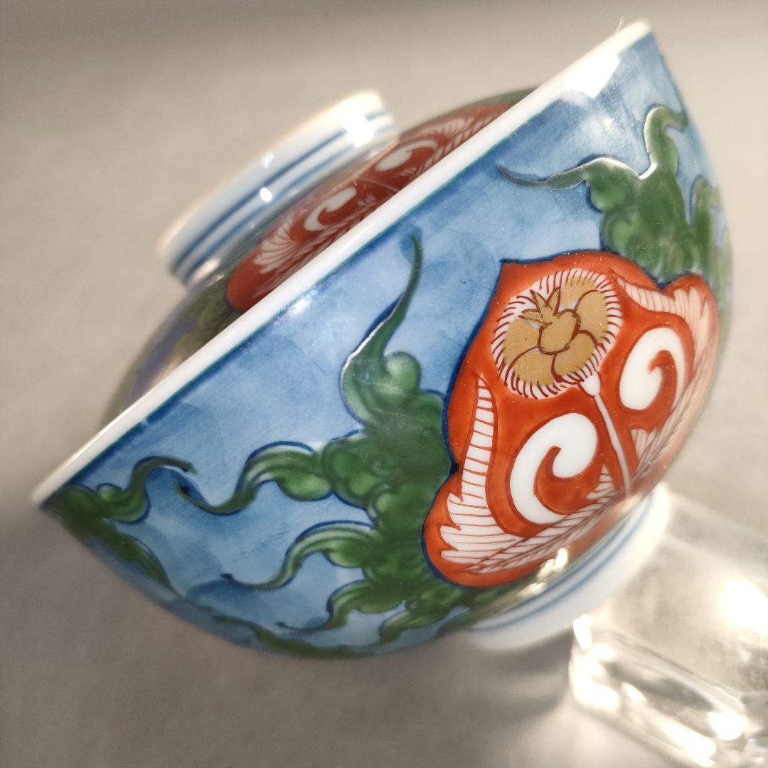 A1352-1/有田焼/源右衛門窯/染錦瑞雲草花紋向付5客/共箱/蓋碗/懐石道具