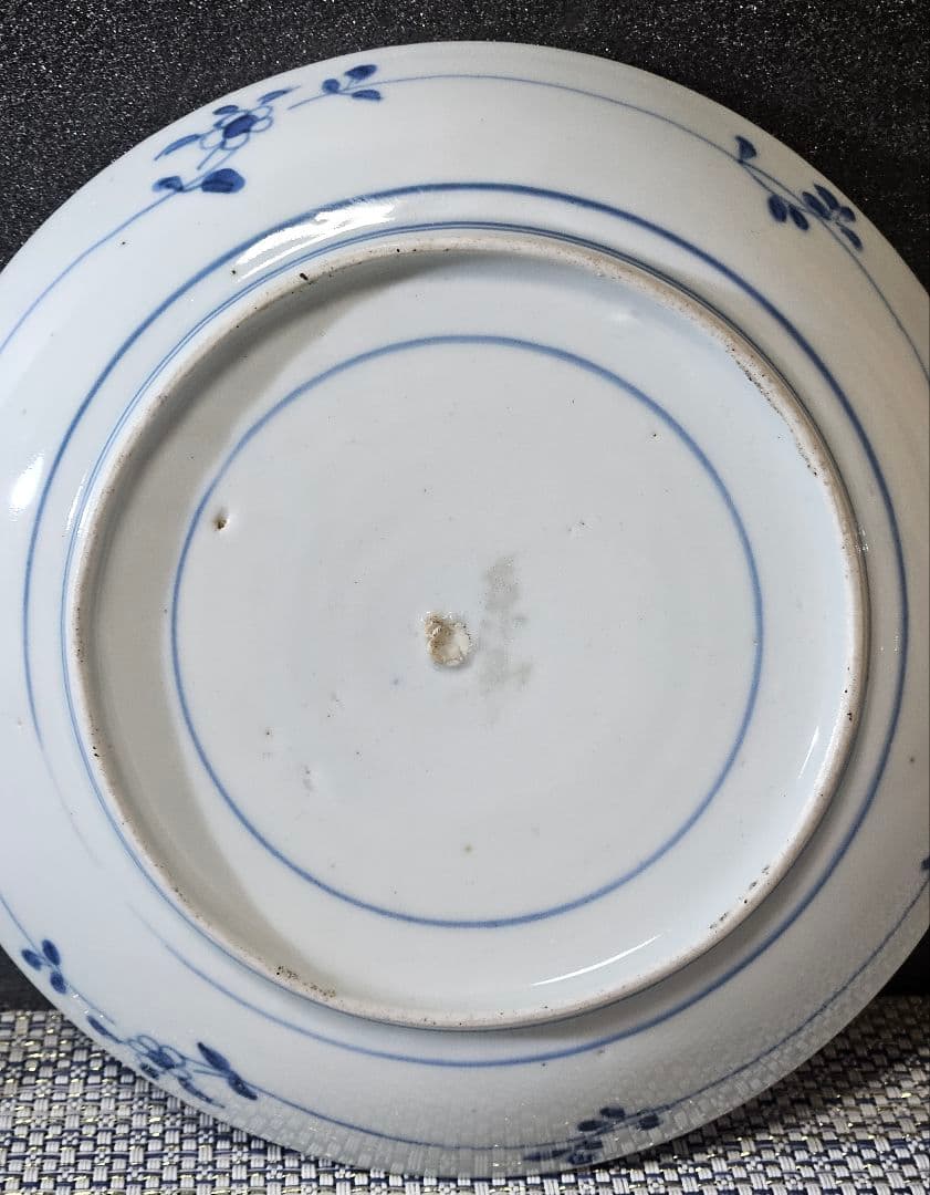 【名品❗】江戸時代前期〜中期　藍九谷様式 鮎の図　16.8cm皿　皿裏　唐草文様