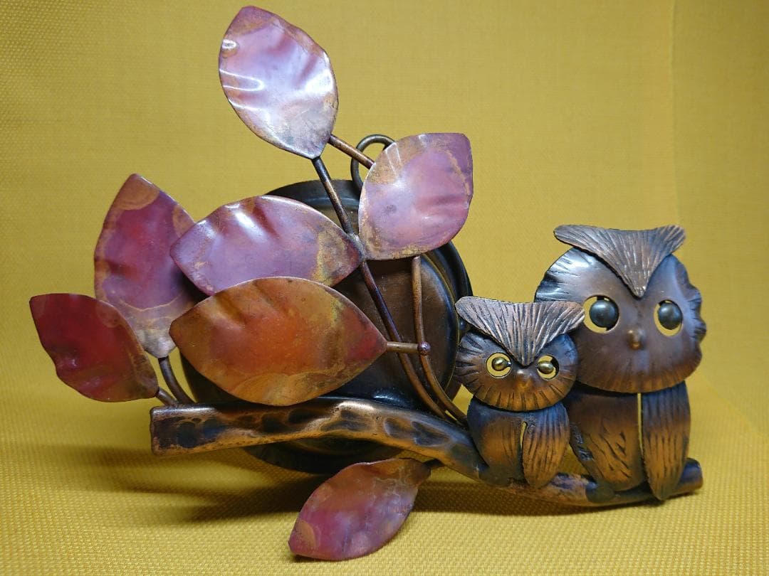 フクロウ　オルゴール　銅製　置物　インテリア　工芸品　美術品　A3088