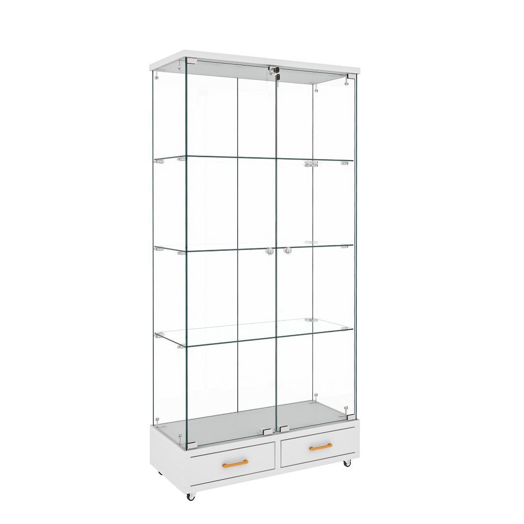 ホワイト LED照明・引出し付 ガラス収納キャビネット4段 両開ドア