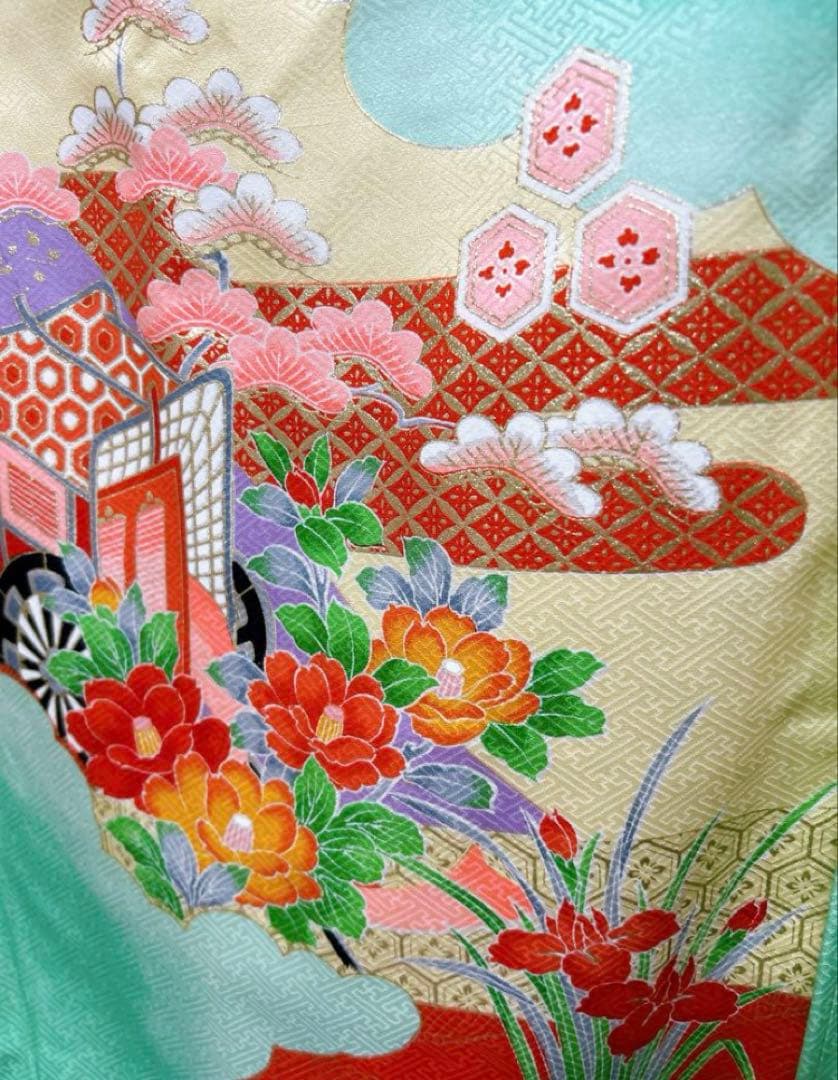 エメラルドグリーン　正絹着物　七五三　7歳　女の子　帯・はこせご一式セット