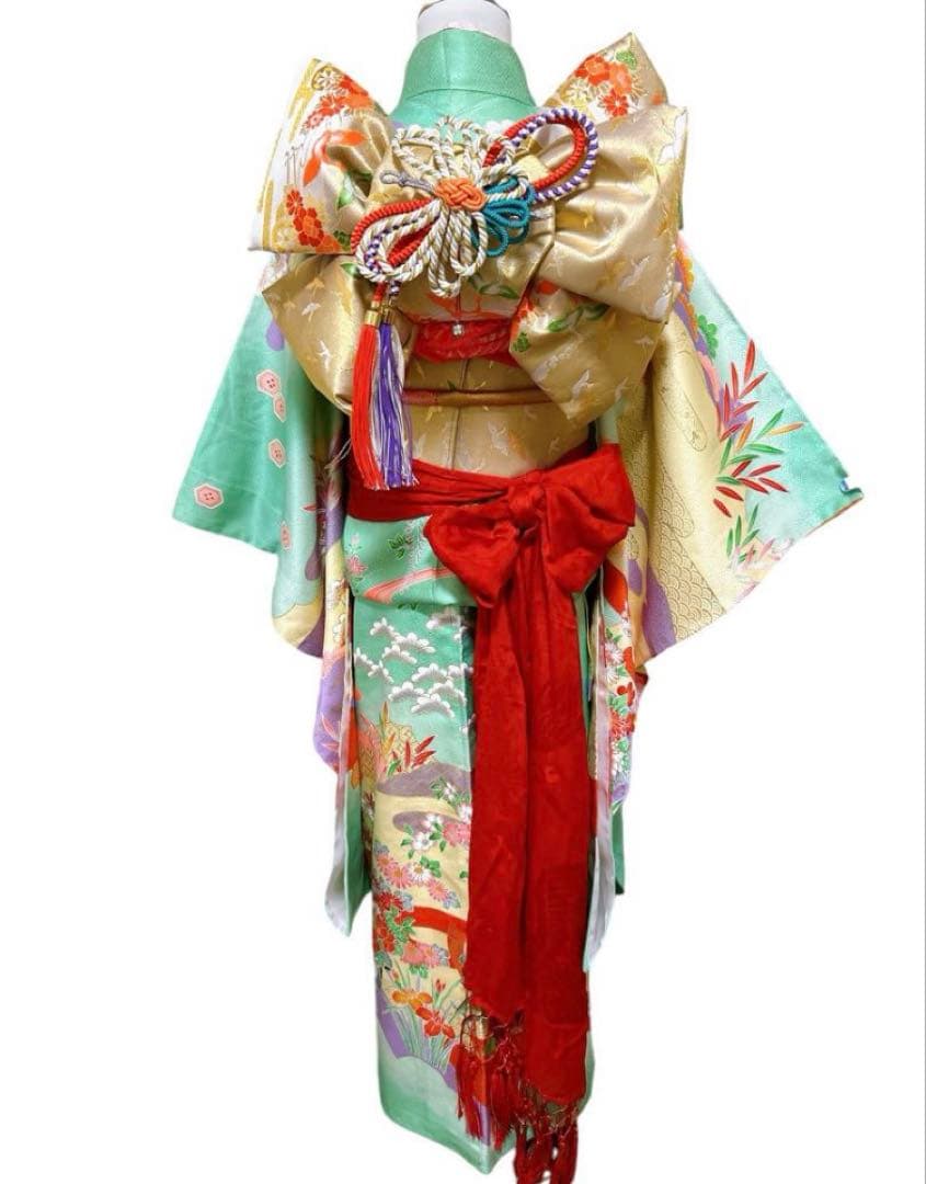 エメラルドグリーン　正絹着物　七五三　7歳　女の子　帯・はこせご一式セット