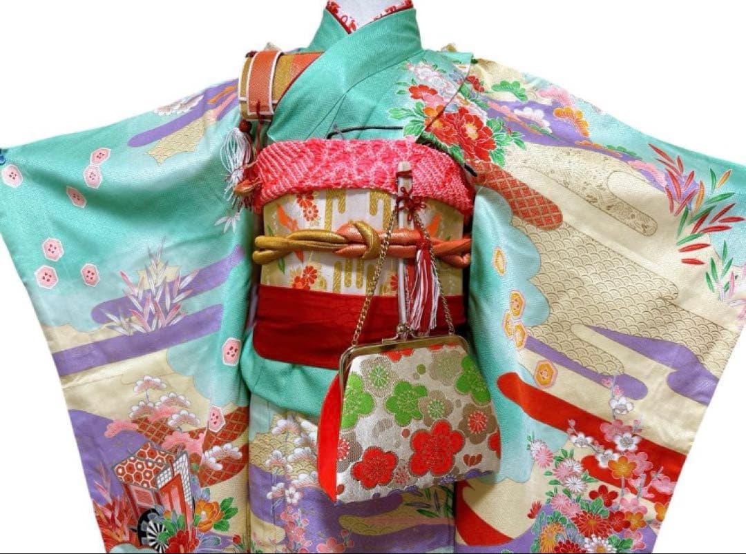 エメラルドグリーン　正絹着物　七五三　7歳　女の子　帯・はこせご一式セット