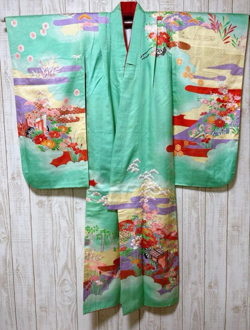 エメラルドグリーン　正絹着物　七五三　7歳　女の子　帯・はこせご一式セット