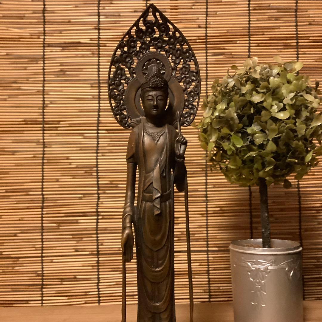 大正〜昭和期「聖観世音菩薩立像」仏教三大信仰・観音経・般若心経・銅・仏師銘刻印