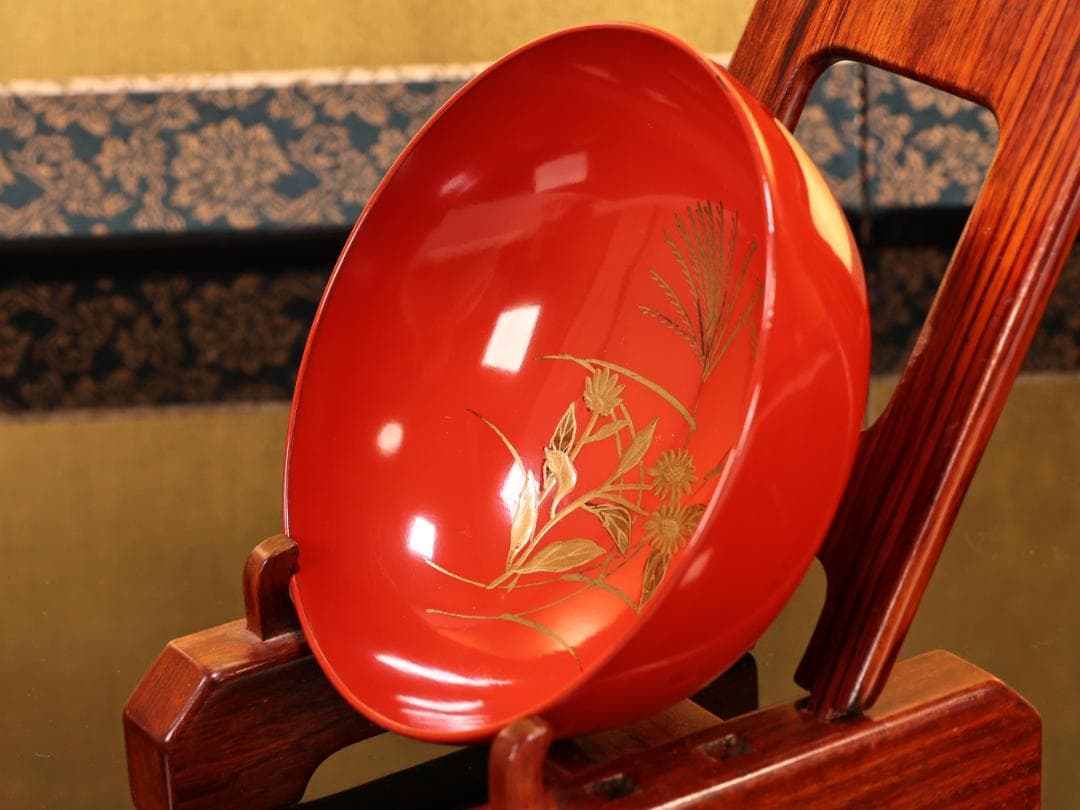 BK422　時代輪島塗　草花図金蒔絵　吸物椀　二客　木製　茶道具 懐石 菓子