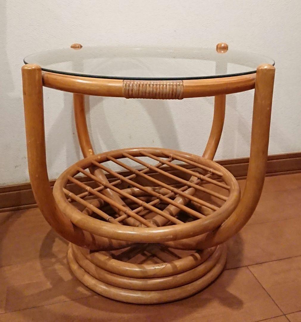 台湾製 ラタン 籐 ガラステーブル