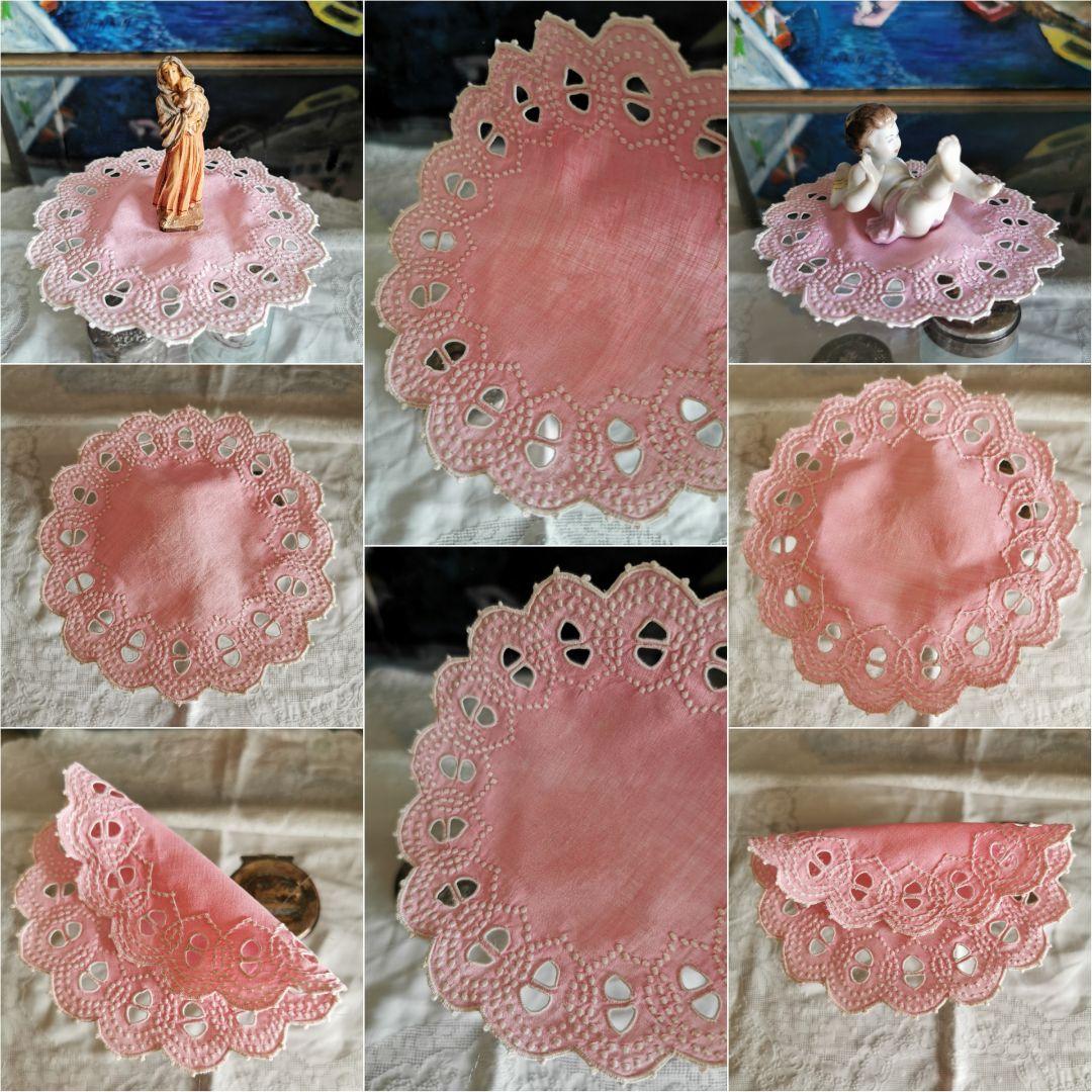 アンティーク フランス コーラルピンク オープンカットワーク＆白糸刺繍ドイリー