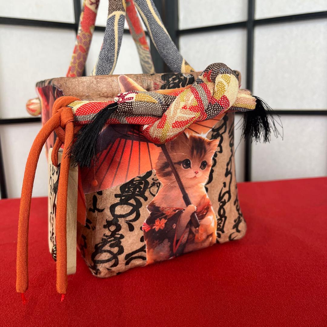Yupin 和傘猫 一閑張り バッグ かごバッグ ハンドバッグ 古文書