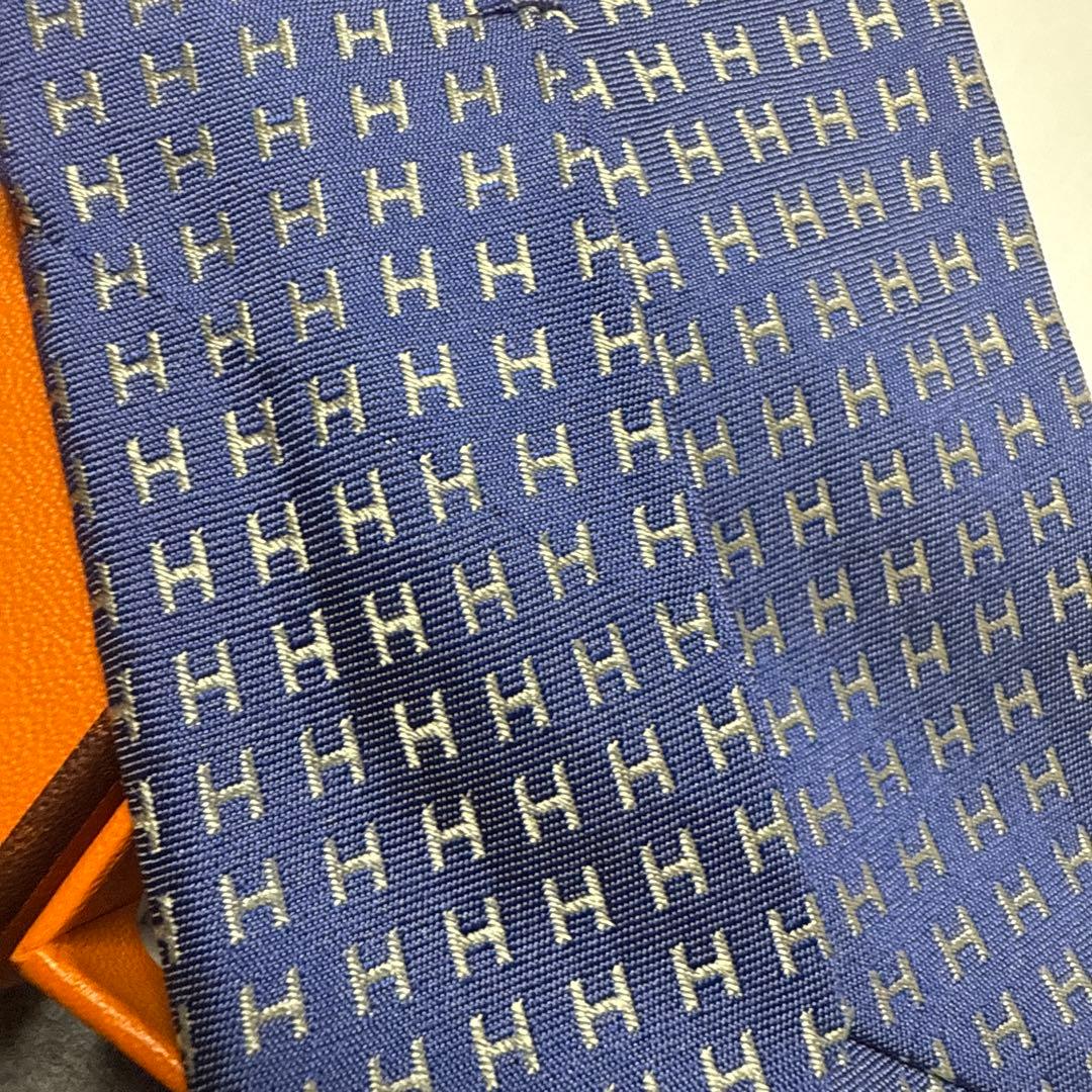 エルメス　ネクタイ　紺青　H柄H織ファソネ