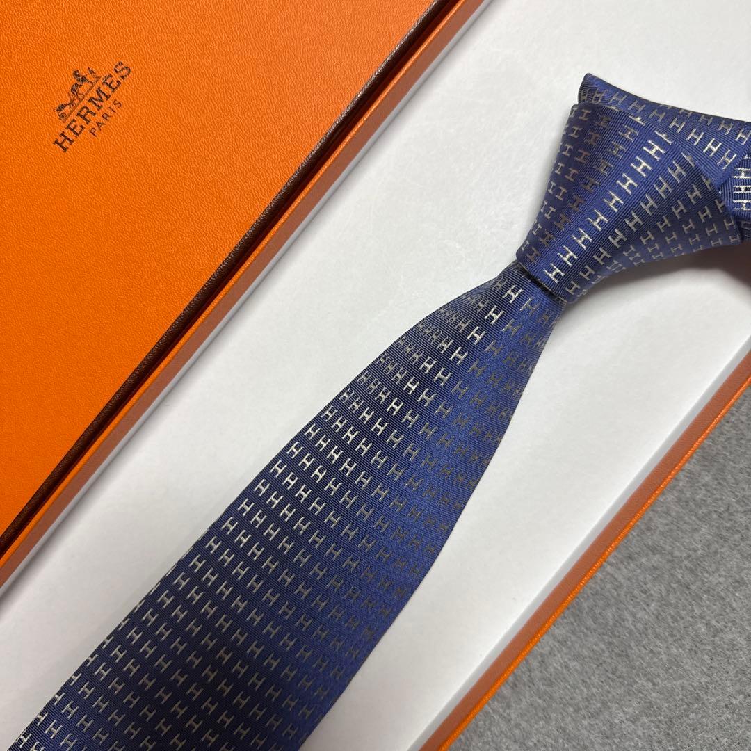エルメス　ネクタイ　紺青　H柄H織ファソネ