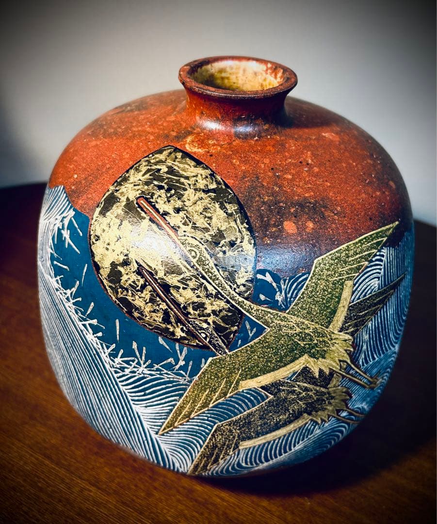 九谷焼　作家作品　谷敷正人　雅彩双鶴紋　花瓶