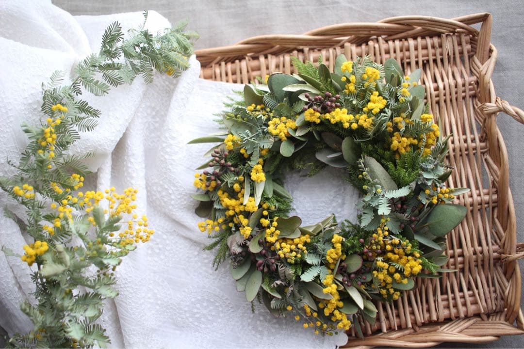 ミモザとユーカリの実のグリーンリース＊ドライフラワー◎約20センチ