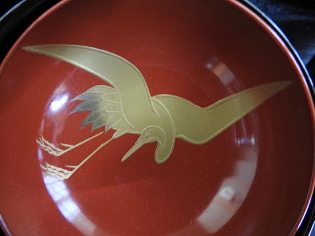 長野横笛　黒地鶴蒔絵　吸物椀10客　共箱有　MA388