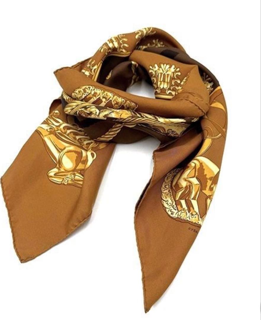 HERMES シルクスカーフ ブラウン ゴールド カレ90