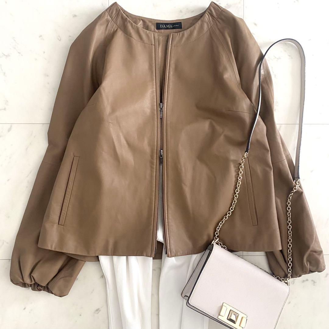 美品 ダーマコレクション 本革ラムレザーノーカラージャケット 大きいサイズ 13