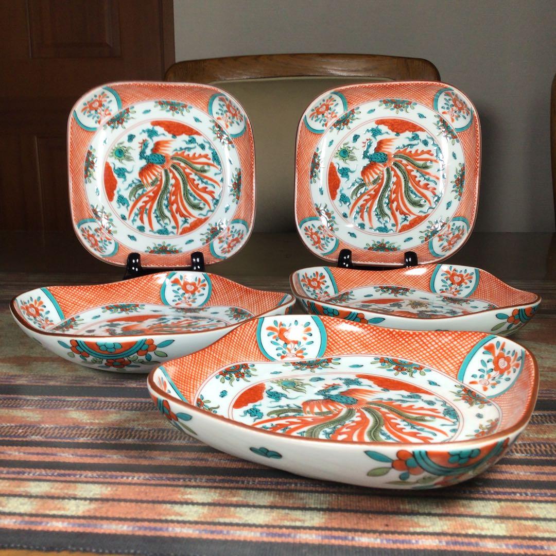 『フォロうー特価』　九谷焼　『赤呉須花鳥』　取皿　角深皿　5枚