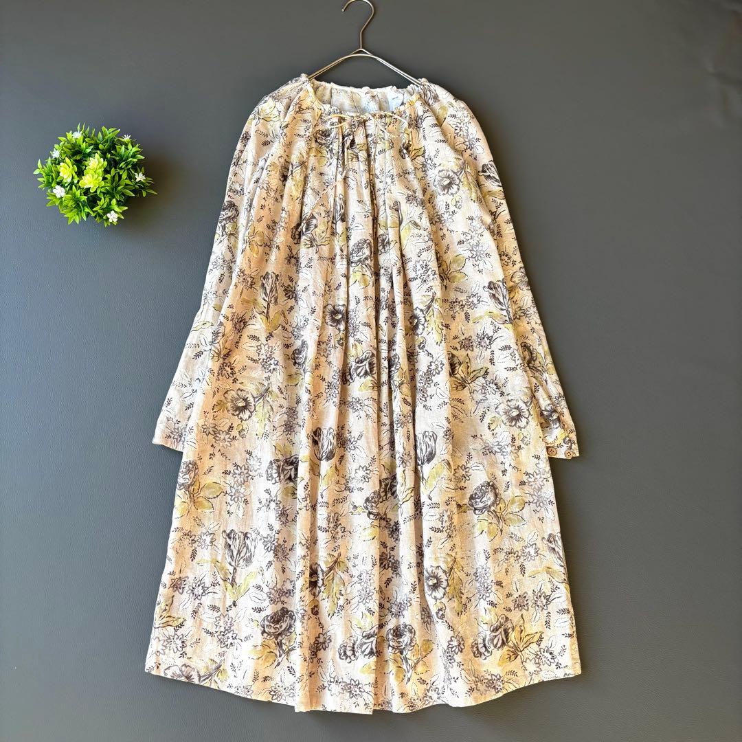 45R ギャザースモック　チュニック　ワンピース　カディコットン　花柄　リボン