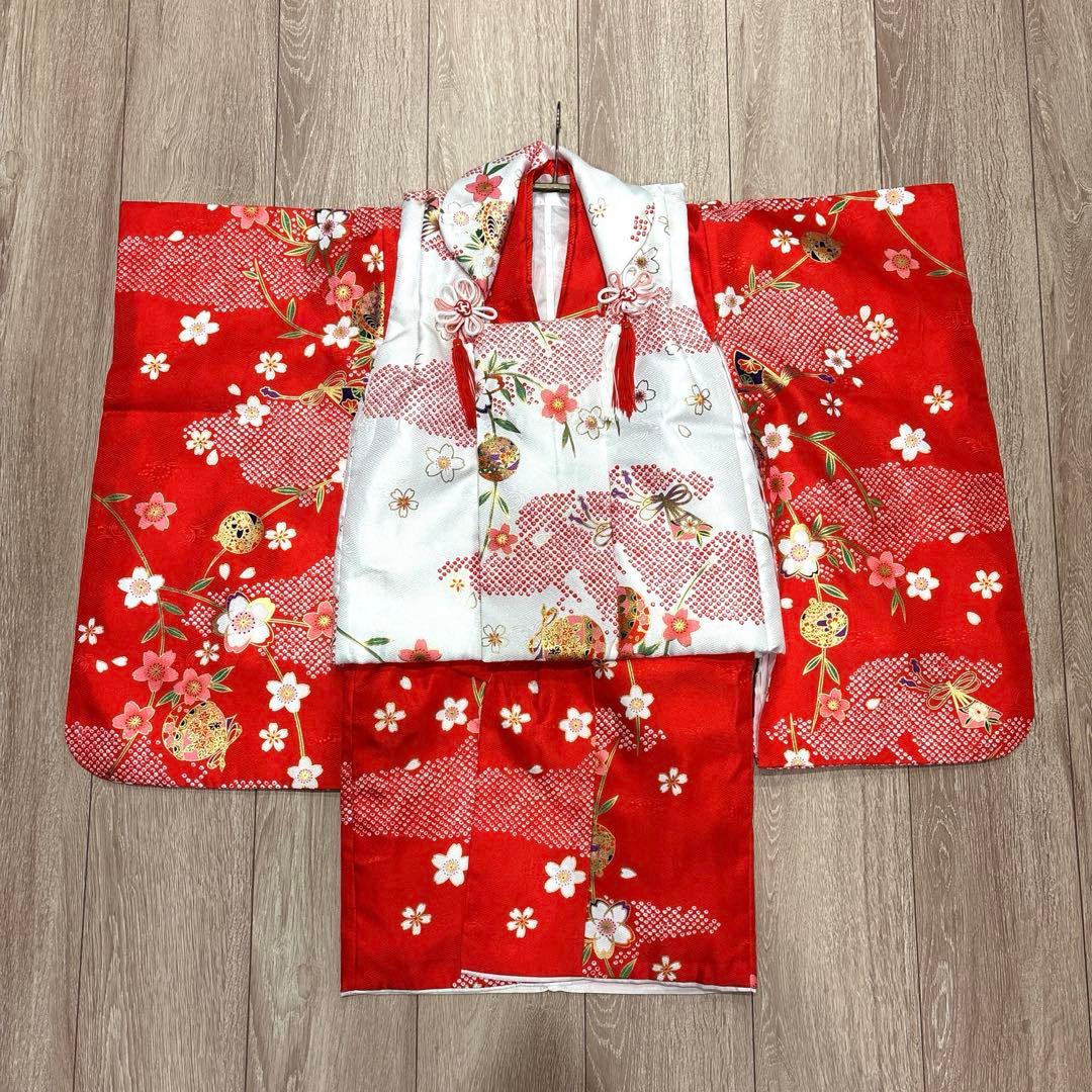 七五三女の子着物9点セット★3歳着物被布草履★赤色着物★白色被布コート★足袋巾着
