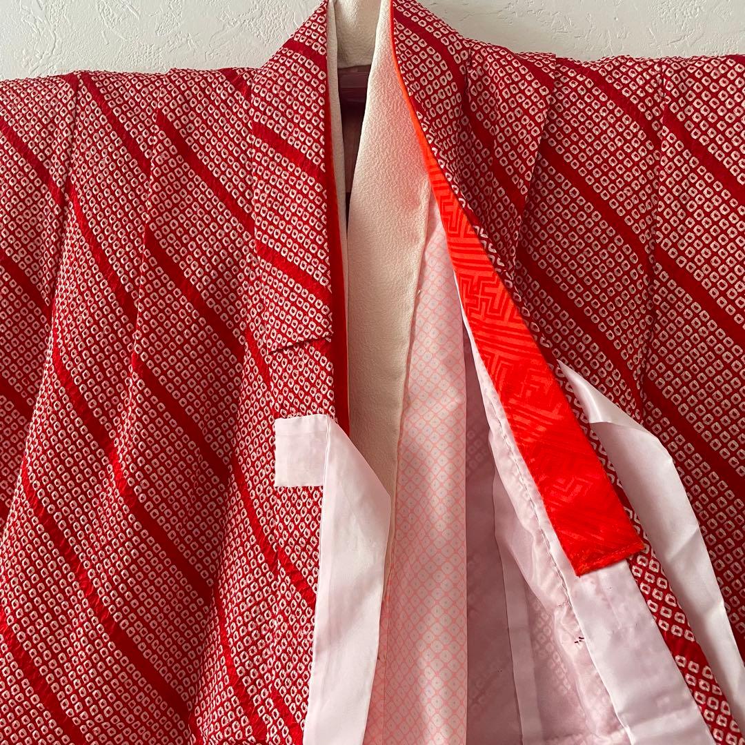 七五三　3歳　正絹　総絞りのお着物セット　赤色半幅帯コーデ