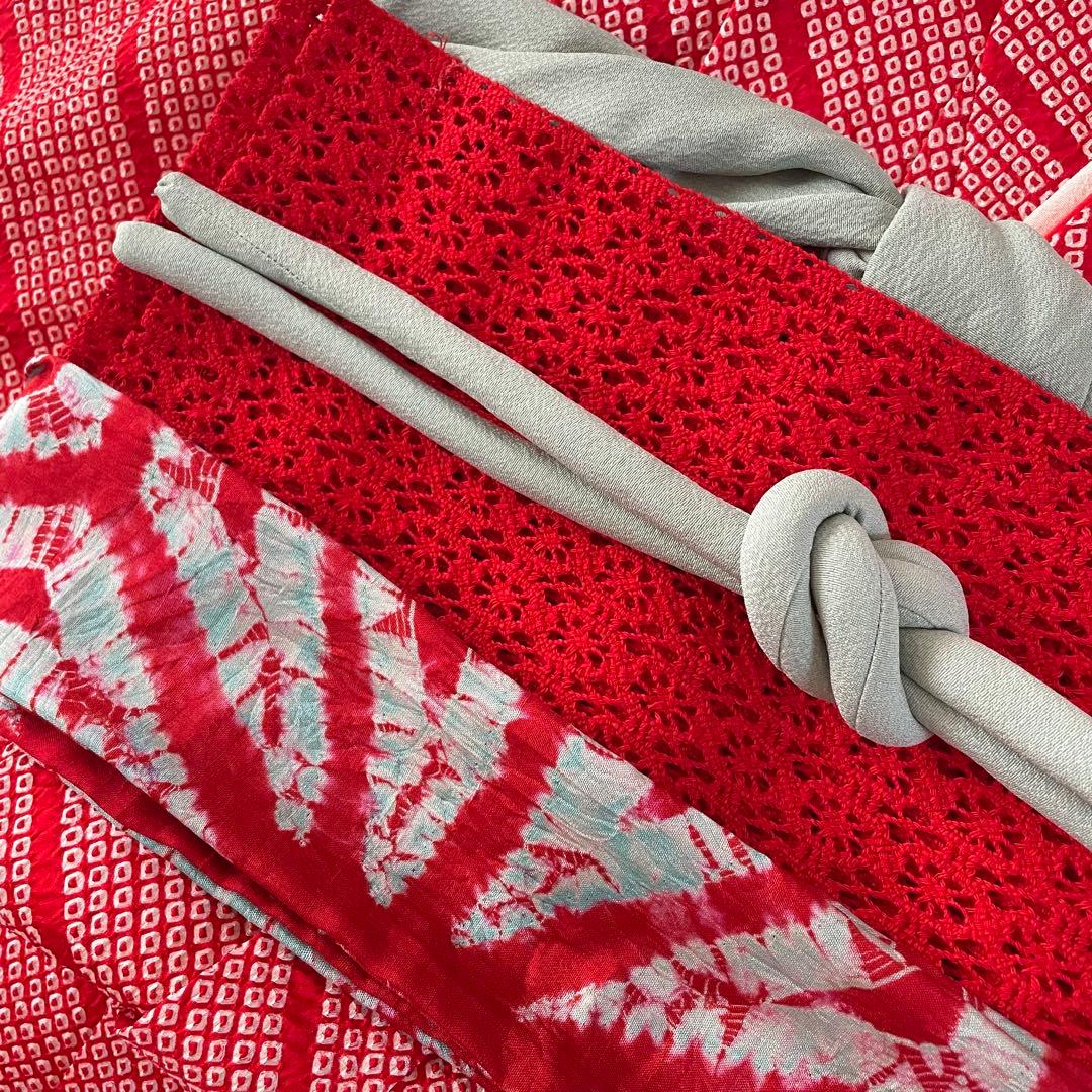 七五三　3歳　正絹　総絞りのお着物セット　赤色半幅帯コーデ