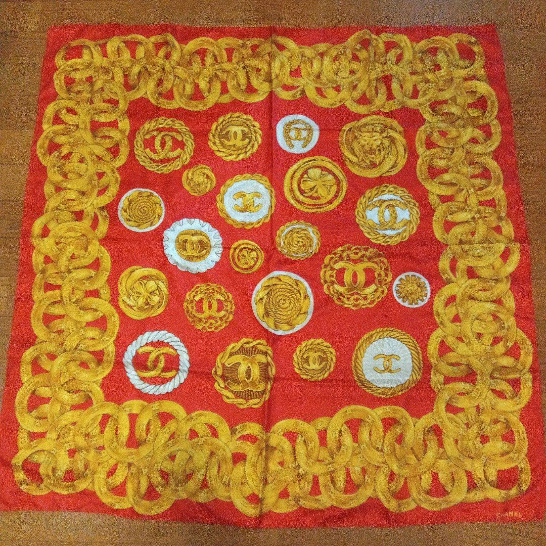 CHANEL☆シルク スカーフ☆ココマーク☆チェーン レッド×ゴールド