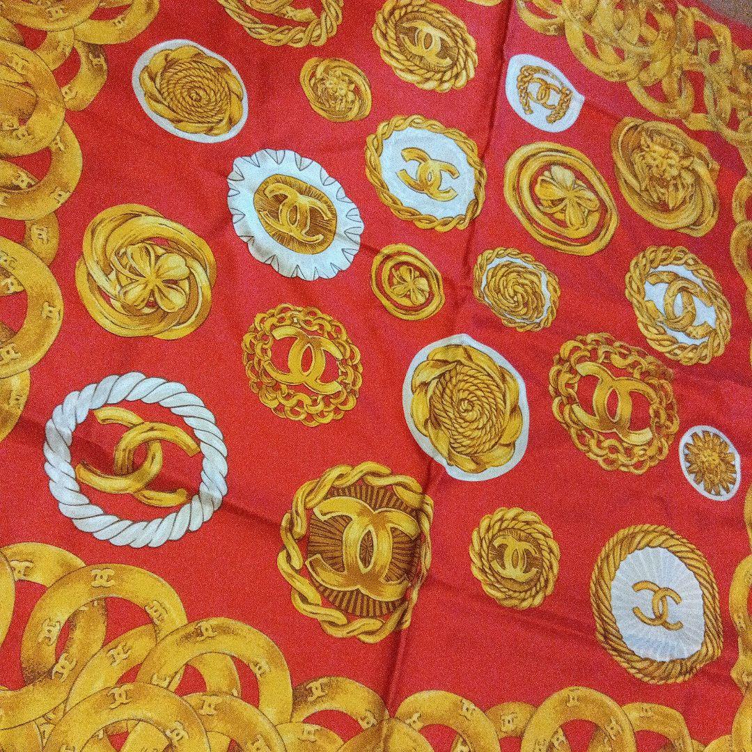 CHANEL☆シルク スカーフ☆ココマーク☆チェーン レッド×ゴールド