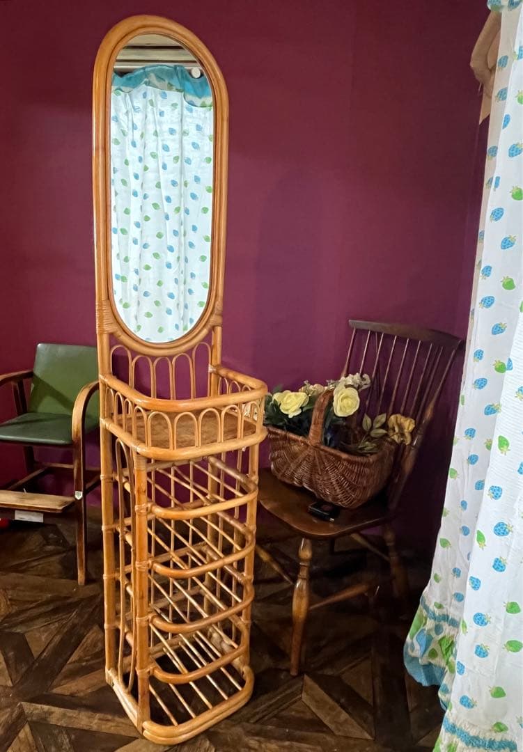 スリッパラック 鏡 ミラー 玄関 籐 ラタン かご インテリア 昭和レトロ