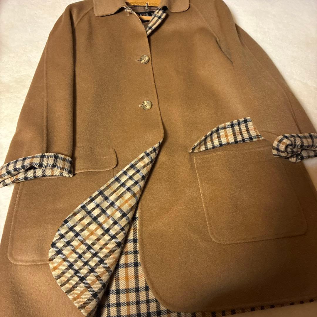 DAKS 茶ロングコート M 毛100. ハウスチェック柄