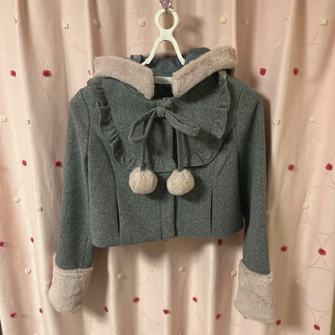 【pium】ファーリボンヨークフリルショートコート グレー ♡おまけ付き