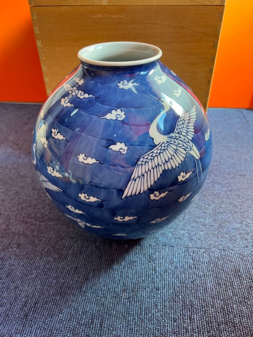 1029 源右衛門　染付雲鶴　花瓶　未使用