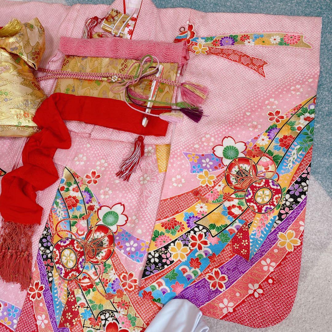 七五三 7歳 正絹 着物 作り帯 バッグ 草履 フルセット 鹿の子 ピンク