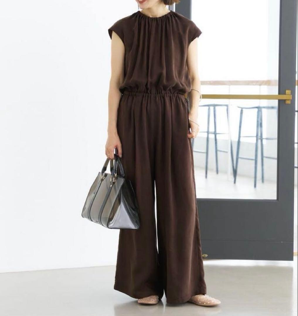 新品 IENA キュプラ ギャザーネックオールインワン ブラウン