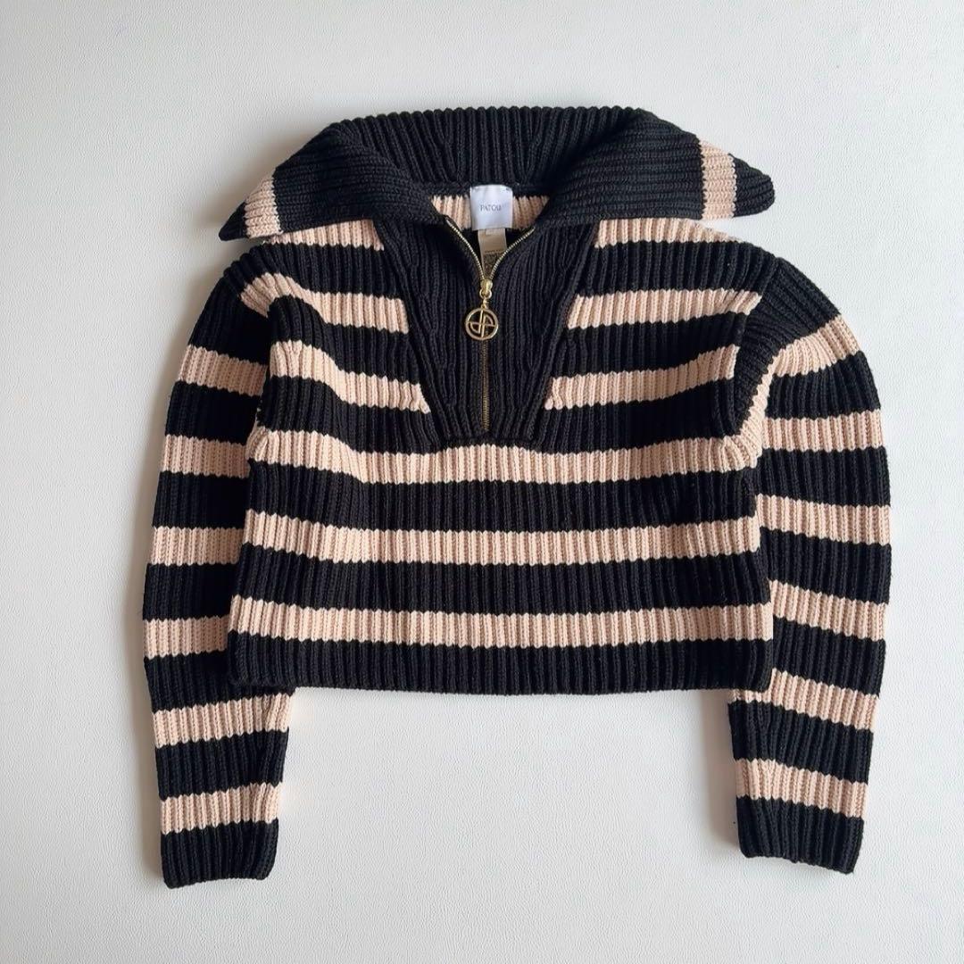 PATOU　ハーフジップニット　メリノウール　ロゴチャーム　ハイネック　ボーダー