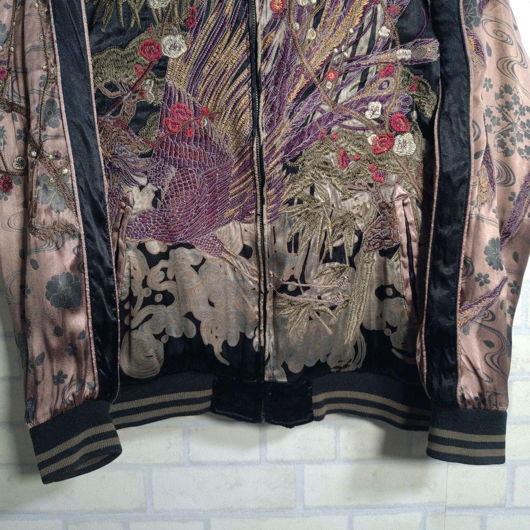 雅結★豪華 刺繍 鳳凰 龍 レーヨン100% リバーシブル スカジャン 黒 L