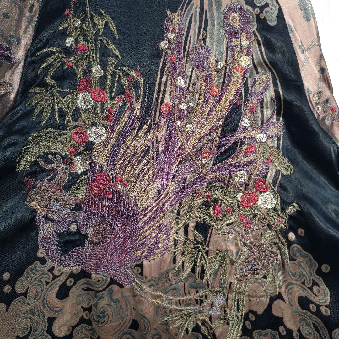 雅結★豪華 刺繍 鳳凰 龍 レーヨン100% リバーシブル スカジャン 黒 L