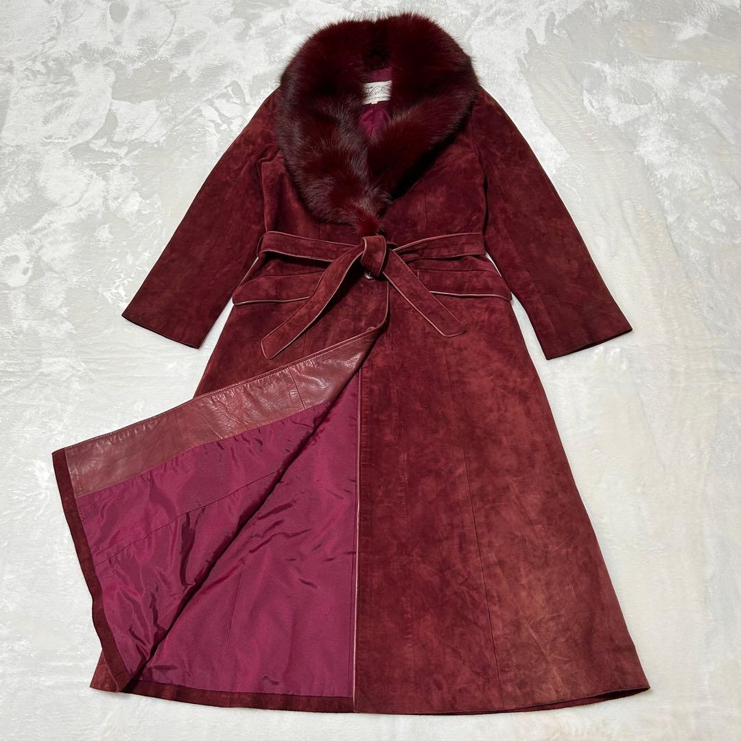 本牛革　ファー付きスウェードコート　赤　バーガンディ　ベルト付きロング　11