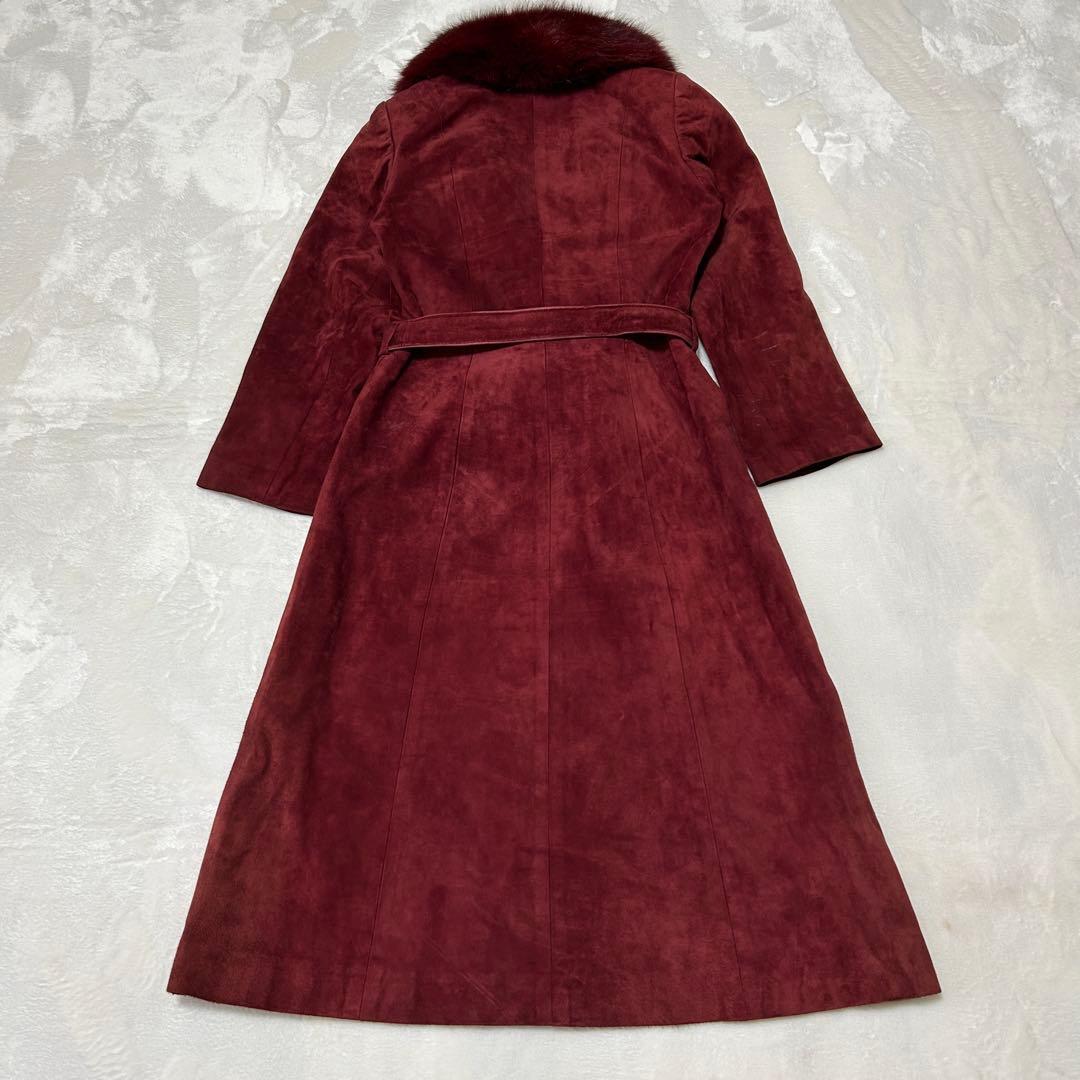 本牛革　ファー付きスウェードコート　赤　バーガンディ　ベルト付きロング　11