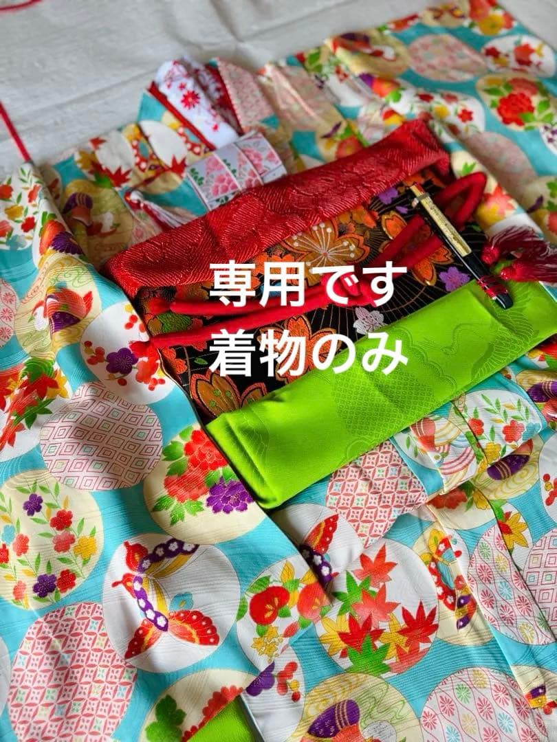 専用です★正絹水色に四季の花々　七歳着物セット