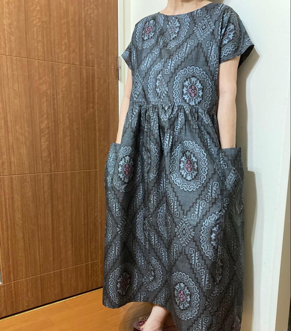 ハンドメイド　大島紬　着物からのリメイク　フレンチスリーブワンピース