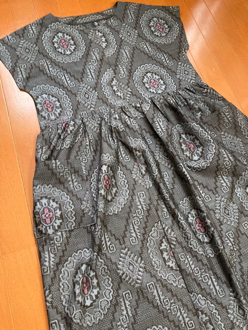 ハンドメイド　大島紬　着物からのリメイク　フレンチスリーブワンピース