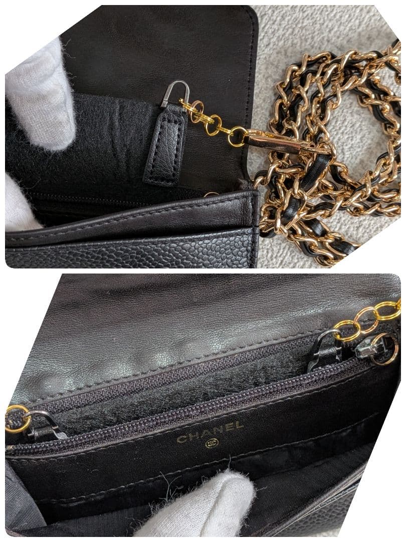シャネル　デカココ　ミニ財布　黒　キャビアスキン　チェーンウォレット　小銭入れ