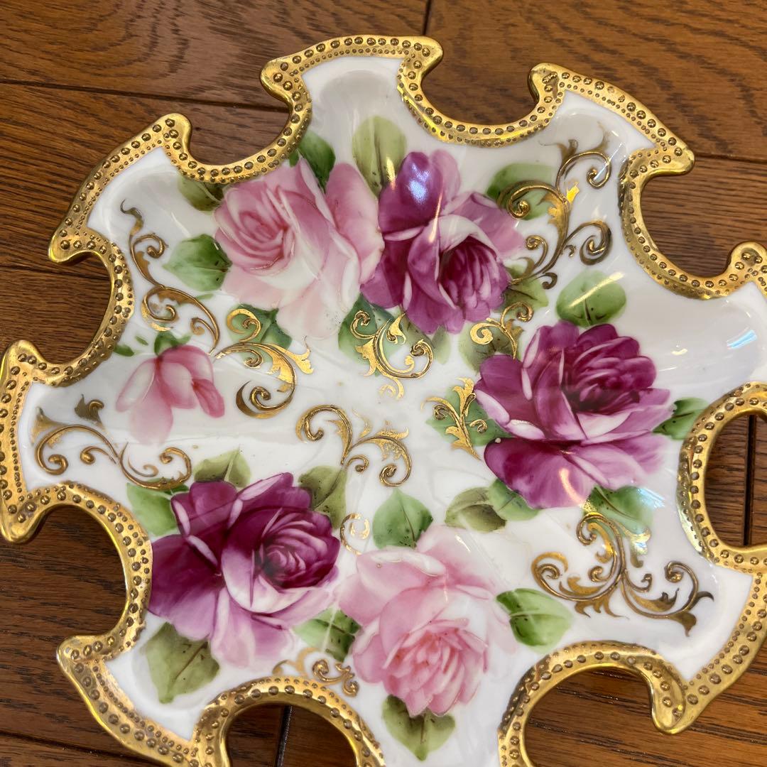 期間限定最終処分特価オールドノリタケメープル裏印変形ボール　金点盛り薔薇の絵の美