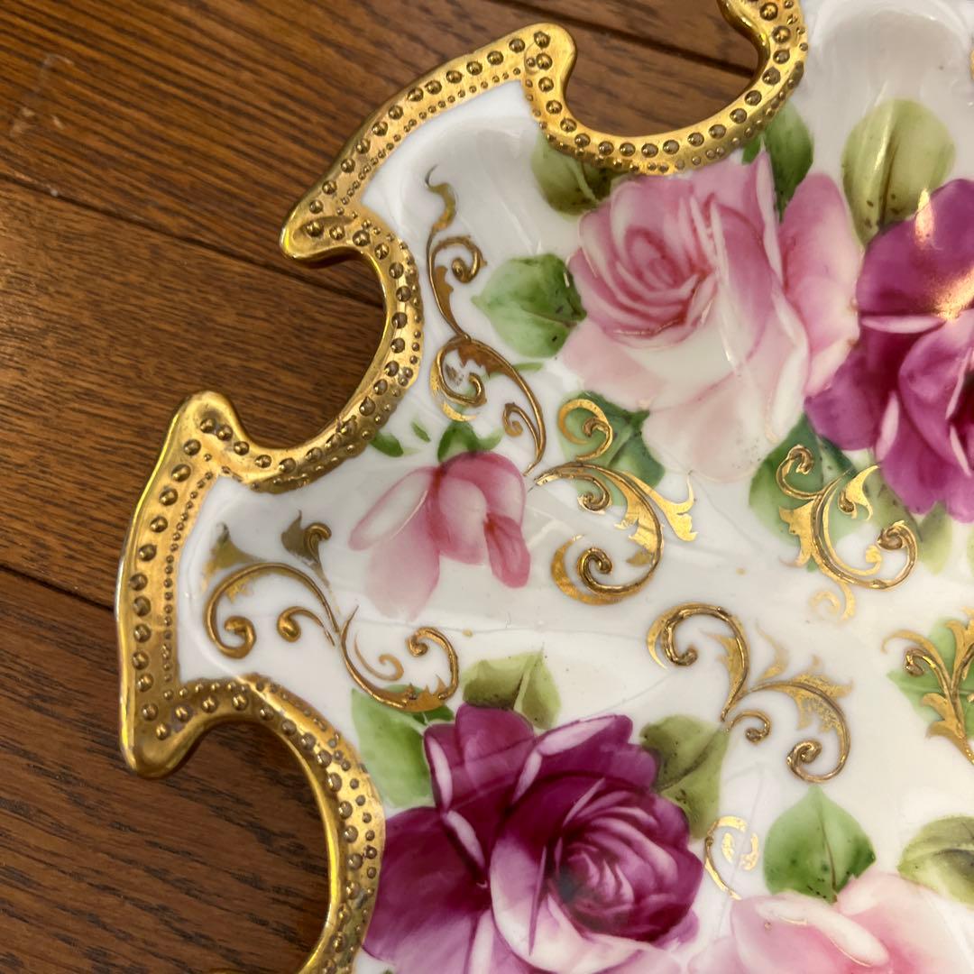 期間限定最終処分特価オールドノリタケメープル裏印変形ボール　金点盛り薔薇の絵の美