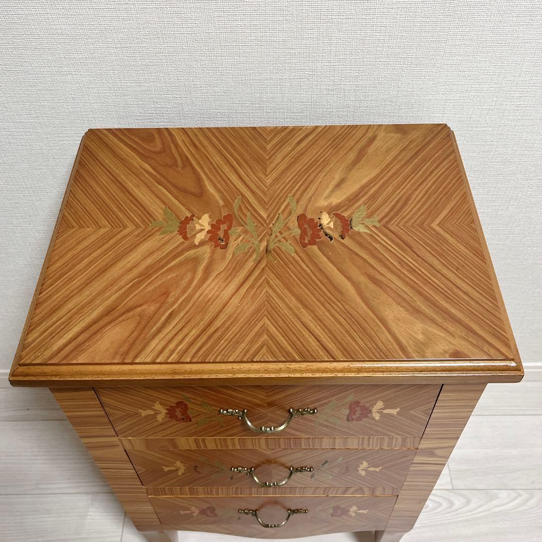 希少 高級 イタリア製 象嵌 チェスト 3段 サイドチェスト 真鍮装飾 天然木