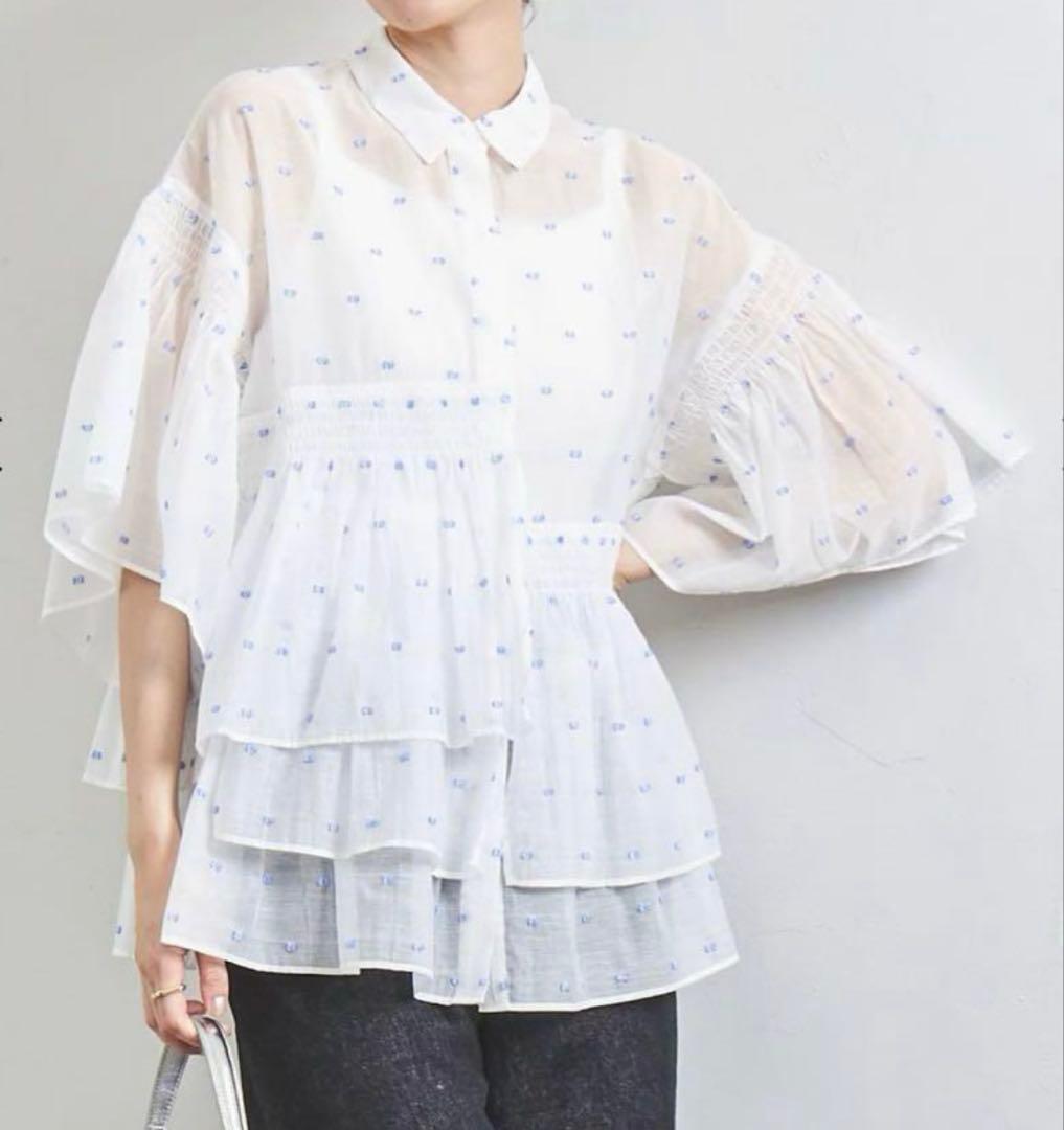 新品タグ付き　ユナイテッドアローズ　シャーリング ジャカードブラウス フリル